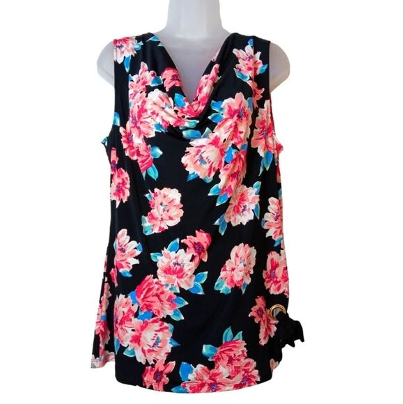 ELLEN TRACY Women’s Black Floral Drape Neck Blouse Top M Bow Detail, Stretch - Picture 1 of 9